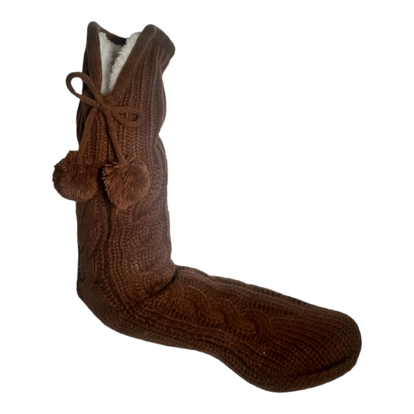 Look Slippers Wool Blend Brown Cable Knit Grippy One Size Christmas Winter - Picture 7 of 11